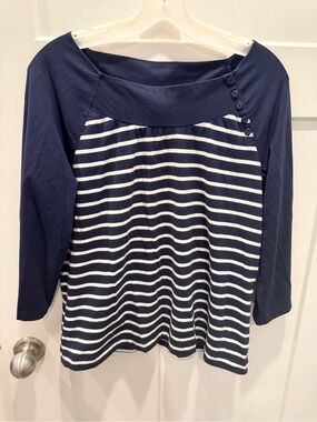 Jones New York Sport XL Navy White Nautical Stripe Boat Neck Button 3/4 Sleeve